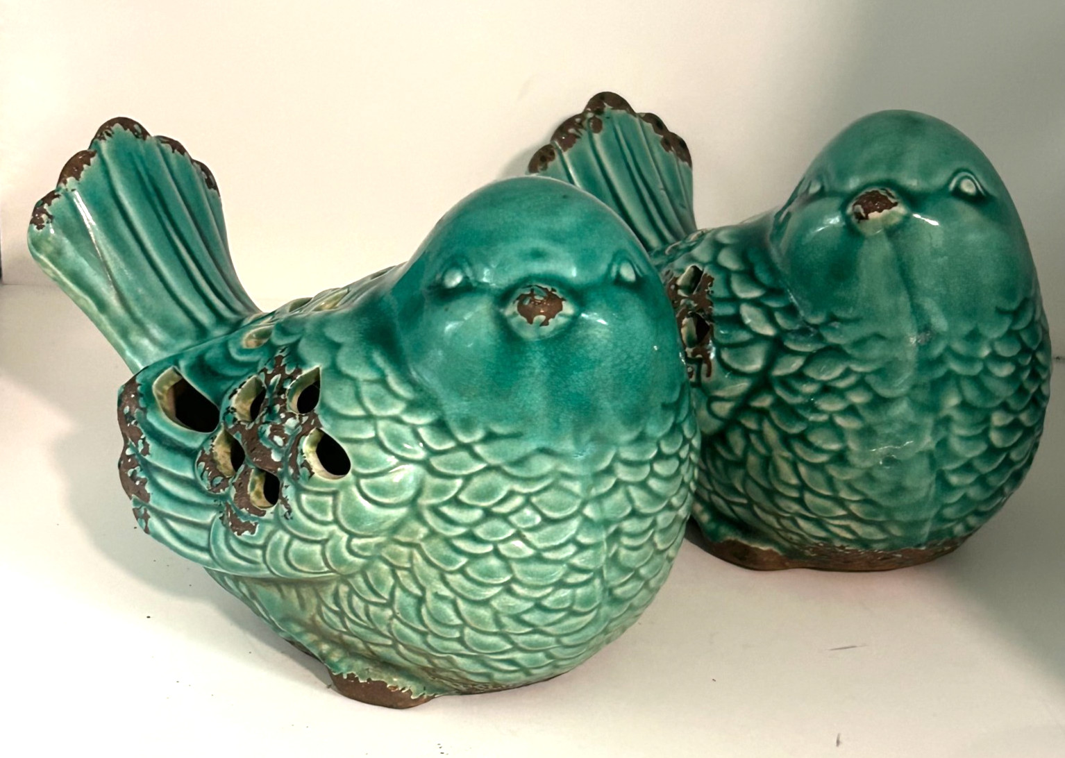 Pair of  Porcelain Bird Figurine w/Cutout Design Turquoise Distressed Brown 6x7