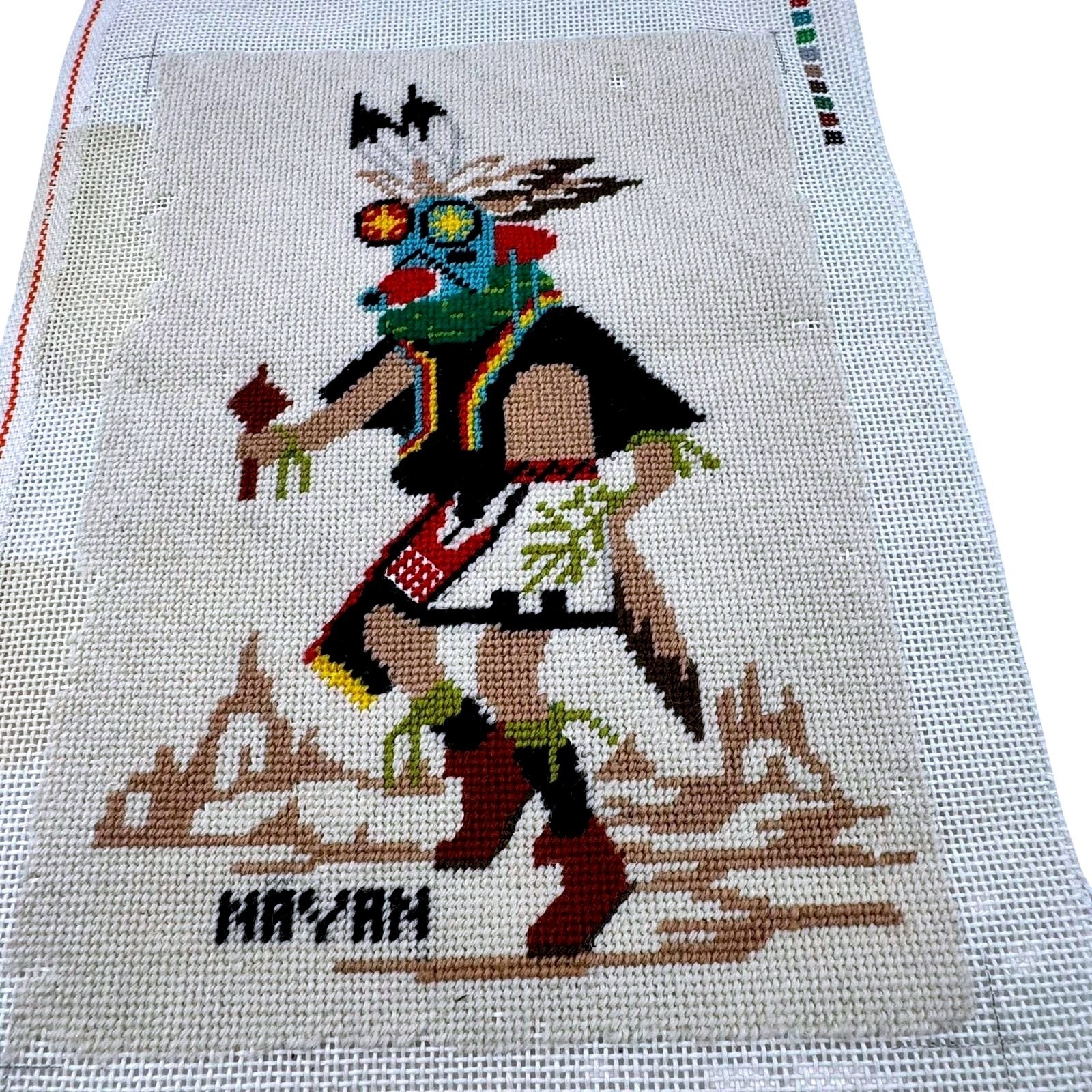 Vintage Navajo Kachina Dancer Needlepoint Hand Stitched Textile Art for Framing