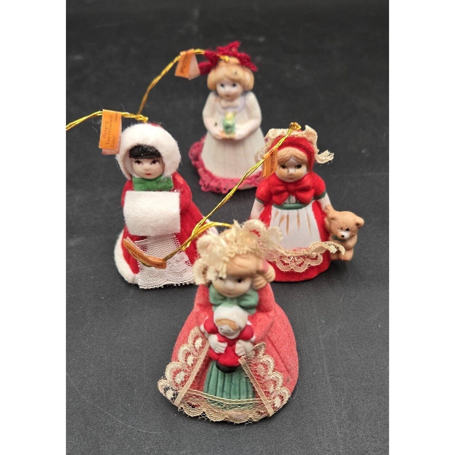 4 Vtg Bell Girl Figurine Figure Ornament Christmas Caroler Jasco Taiwan