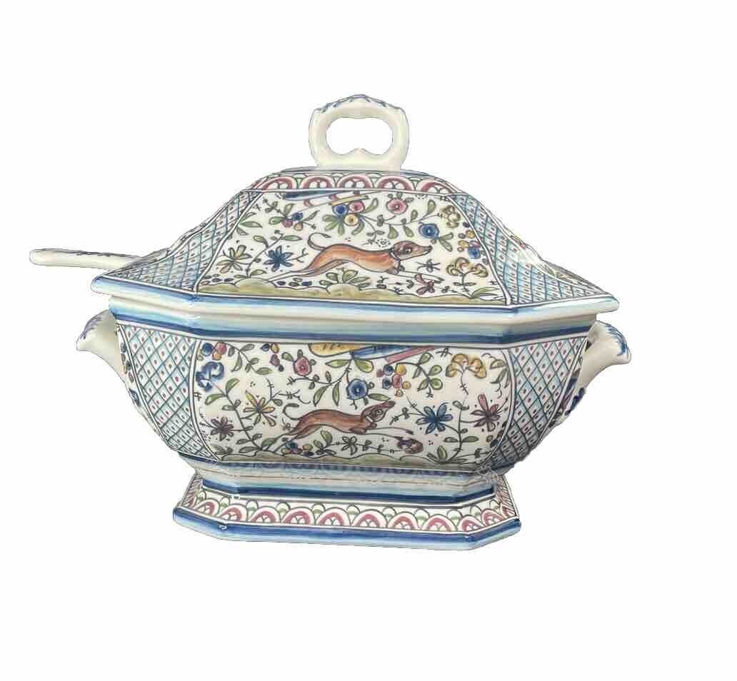 Hand Painted Real Ceramica Coimbra Portugal 3 PC Covered Tureen & Ladle Pottery