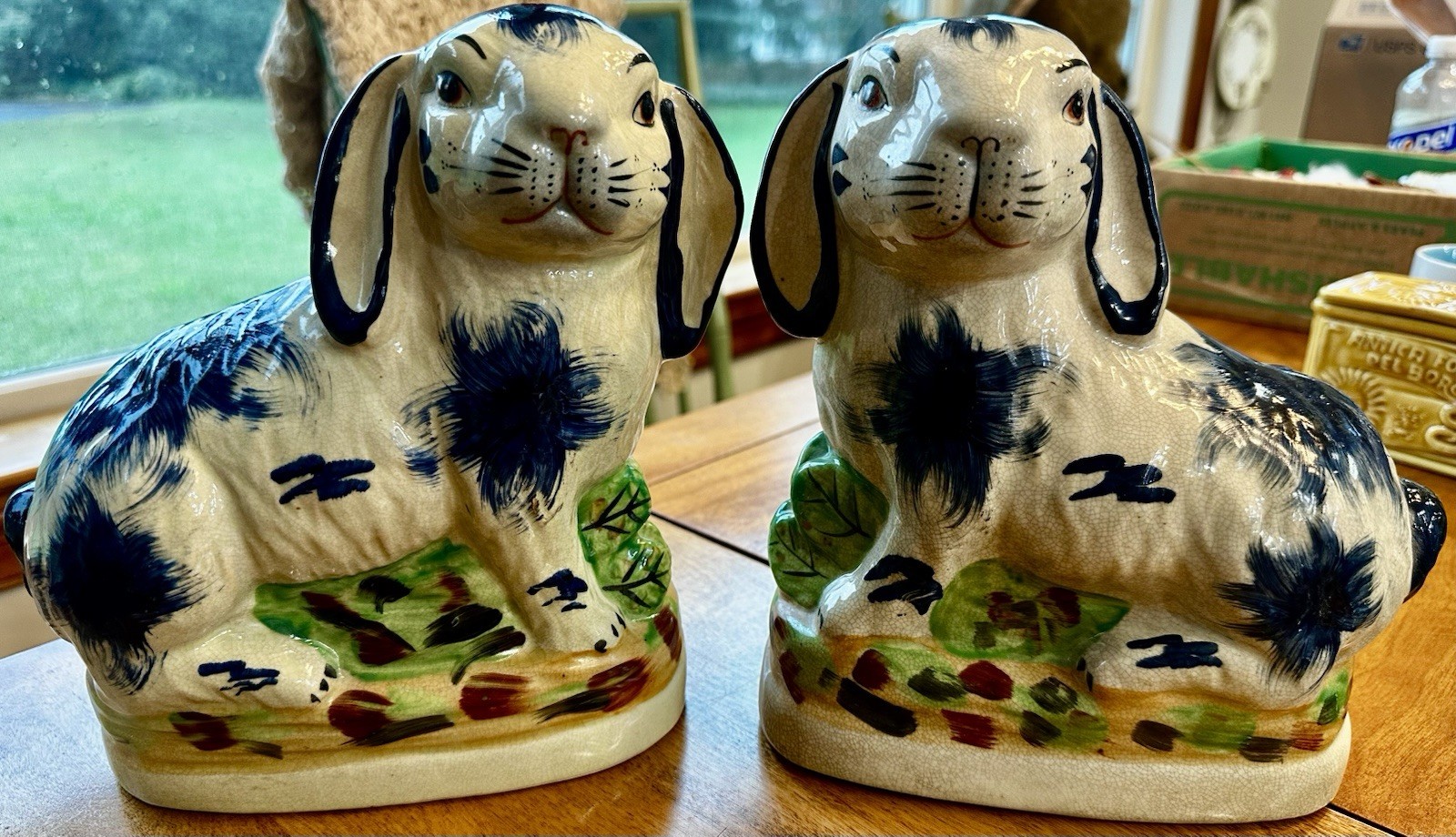 Staffordshire Style Ceramic Blue Bunnies/Rabbits Figurines - Pair-8