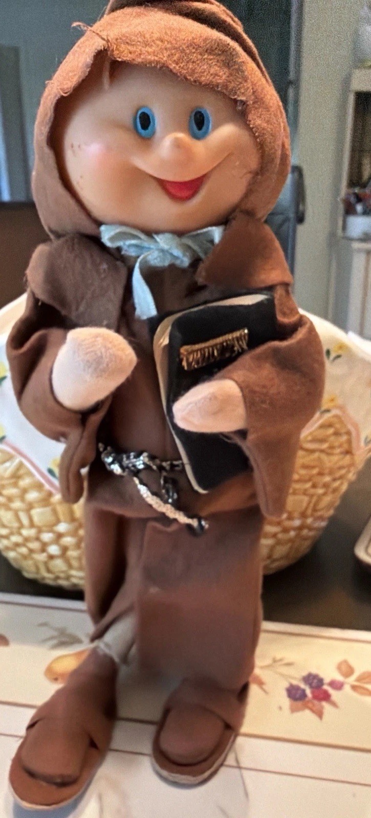 Vintage 9” Monk Friar Doll Plush Figure Holding Bible Brown Robe Religious Decor