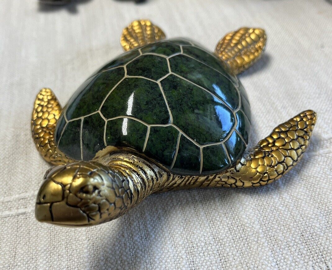 Vintage Sea Turtle Table Decor Figurine Green Shell Gold Tone Flippers And Head