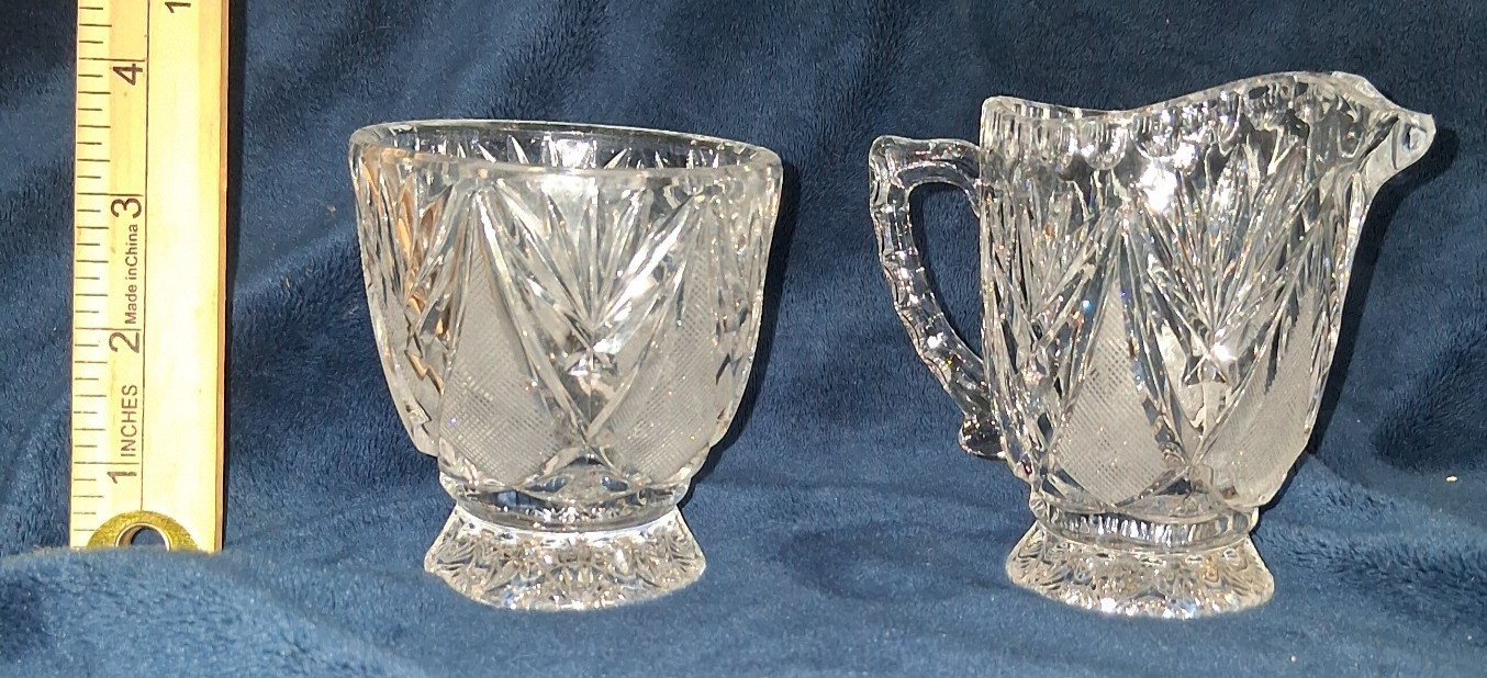Vintage Cut Crystal Glass Open Sugar Bowl and Creamer Set Fan Diamond Point Vintage Cut Crystal Glass Open Sugar Bowl and Creamer Set Fan Diamond Point