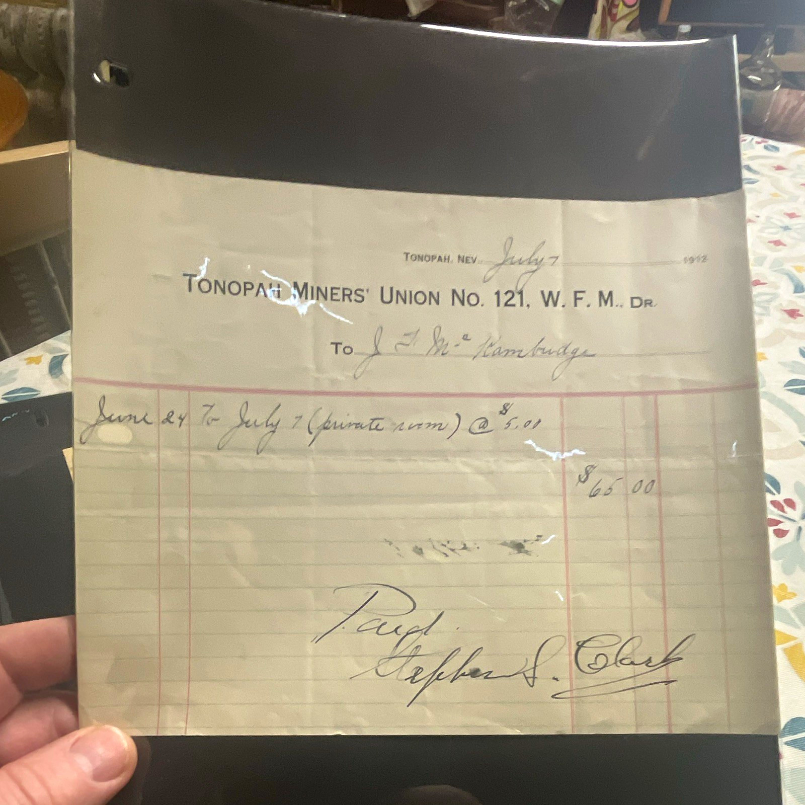 1912 Tonopah Miners\' Union No. 121 Payment Receipt - Tonopah, Nevada Signed