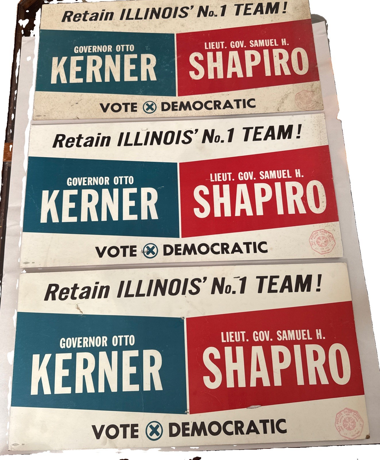 3- 1964 OTTO KERNER & SAMUEL SHAPIRO Democrat ILLINOIS IL 22x11 Campaign Poster
