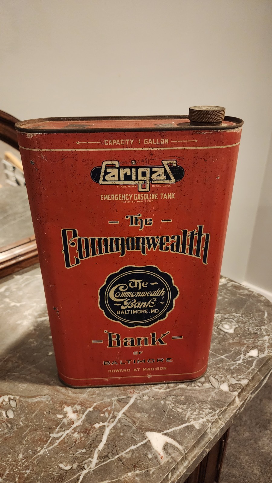 RARE 1925 Carigas Gas Can Commonwealth Bank Baltimore Maryland Howard At Madison RARE 1925 Carigas Gas Can Commonwealth Bank Baltimore Maryland Howard At Madison