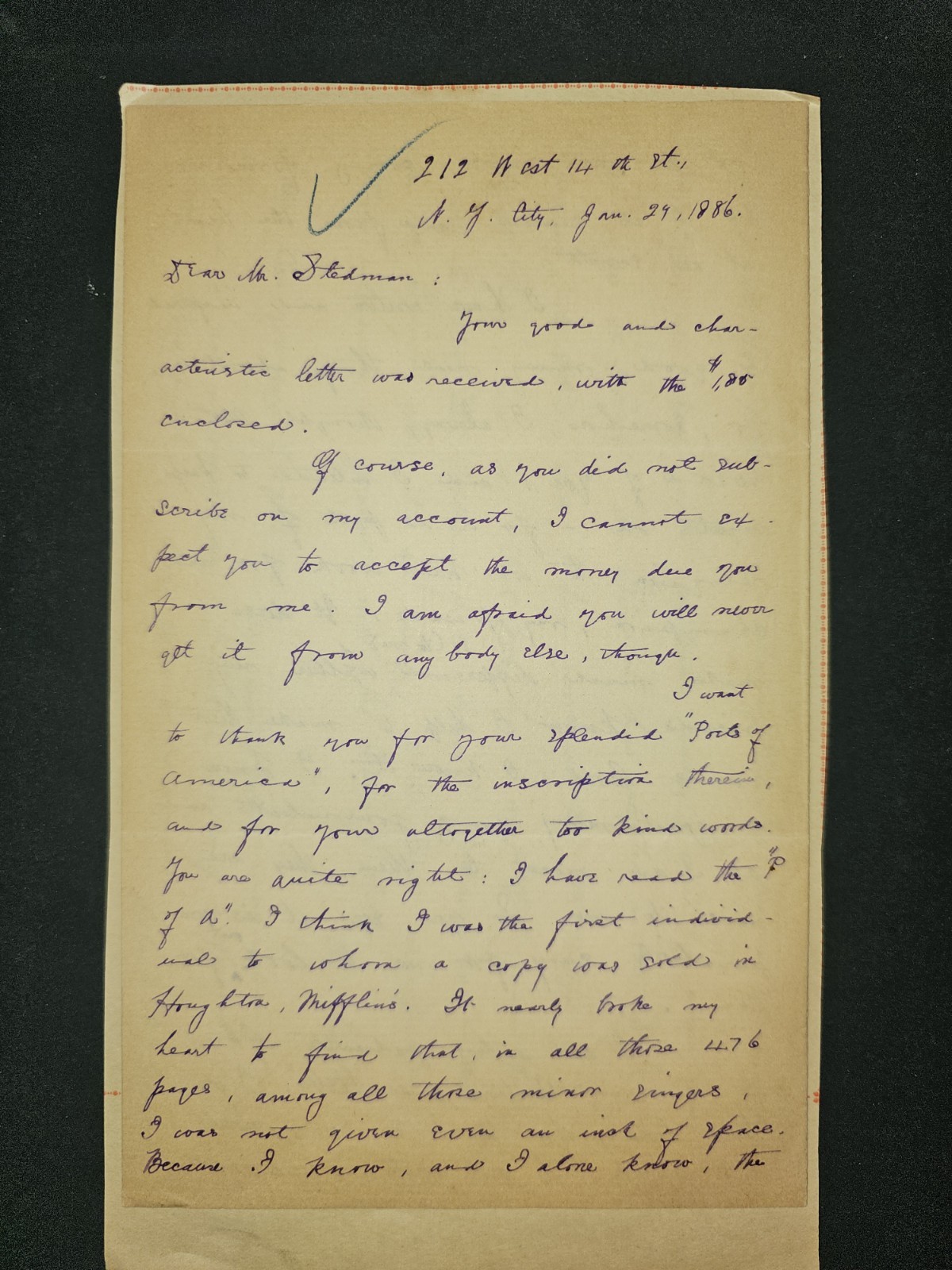 1886 John E. McCann ALS to Edmund Clarence Stedman Poet of America Letter
