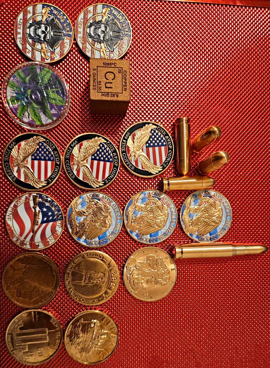 Copper 1oz Coins, 1oz Bullets, 2oz Bullet, And 5oz Cube, Some Colorized Copper 1oz Coins, 1oz Bullets, 2oz Bullet, And 5oz Cube, Some Colorized