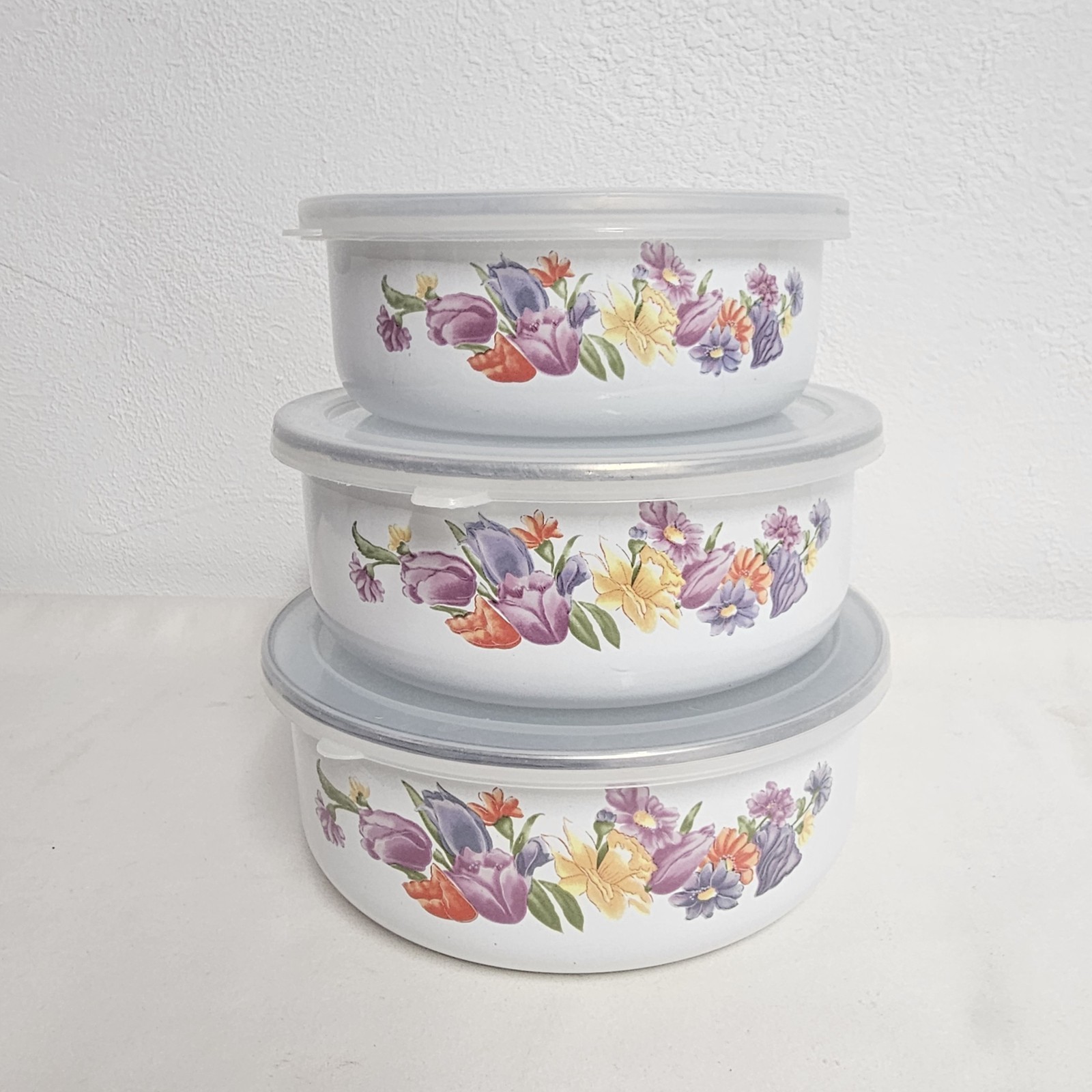 Vintage Set Of 3 Enameled Metal Nesting Storage Bowls With Lids Floral 