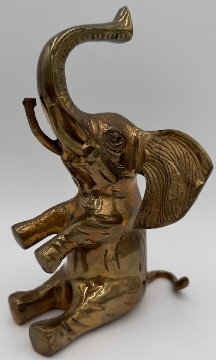 Vintage Brass Sitting Elephant Figurine Trunk Up Lucky 7.25” Tall MCM Gold Vintage Brass Sitting Elephant Figurine Trunk Up Lucky 7.25” Tall MCM Gold