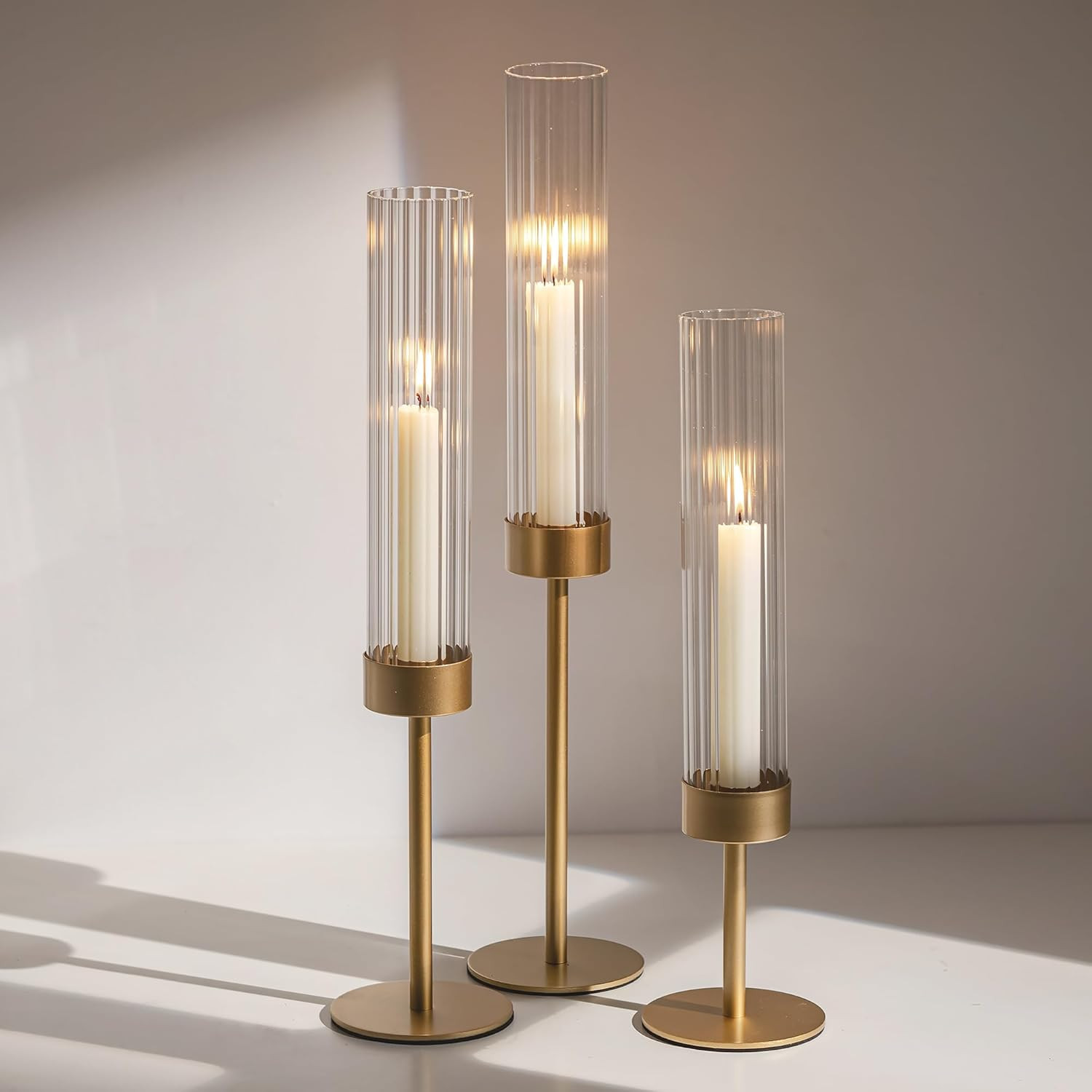 Glasseam Gold Hurricane Taper Candle Holders, 3 Pcs Candlestick with Glass