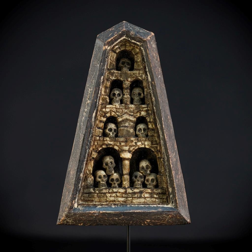 Memento Mori | Italy Antique 1800s Wooden Shrine Skulls | Ossuary Death 8.3”