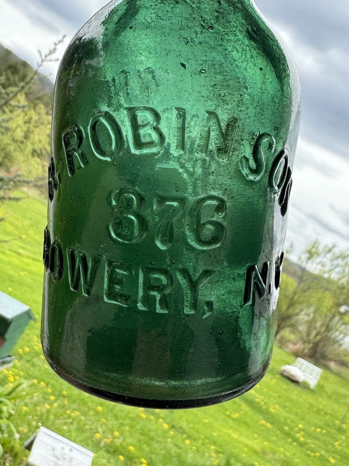 vintage Green blob top embossed bottle R.Robinson 376 Bowery,NY