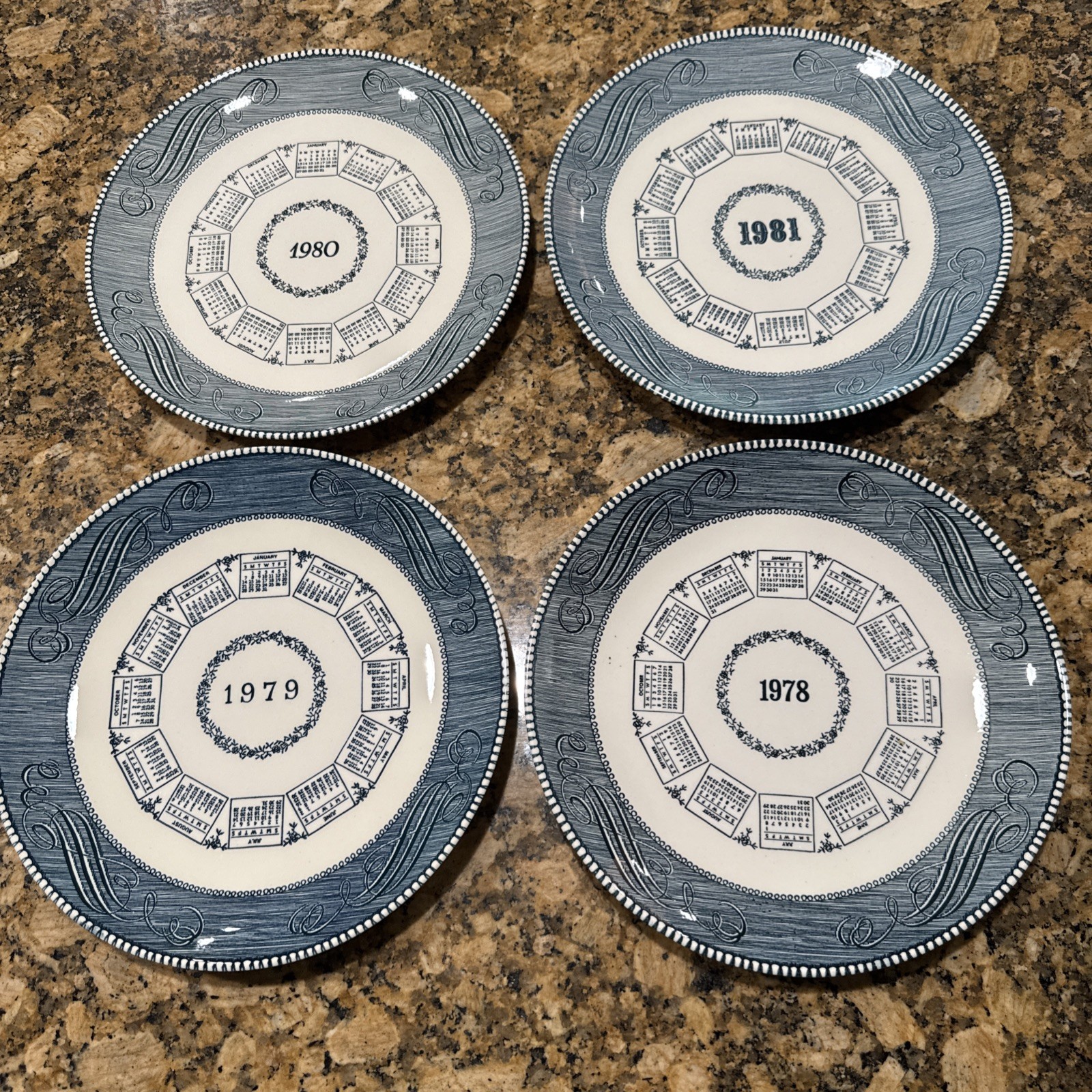 Vintage Set Of 4 Blue Decorative 1978/79/80/81 In The Currier And Ives Pattern.