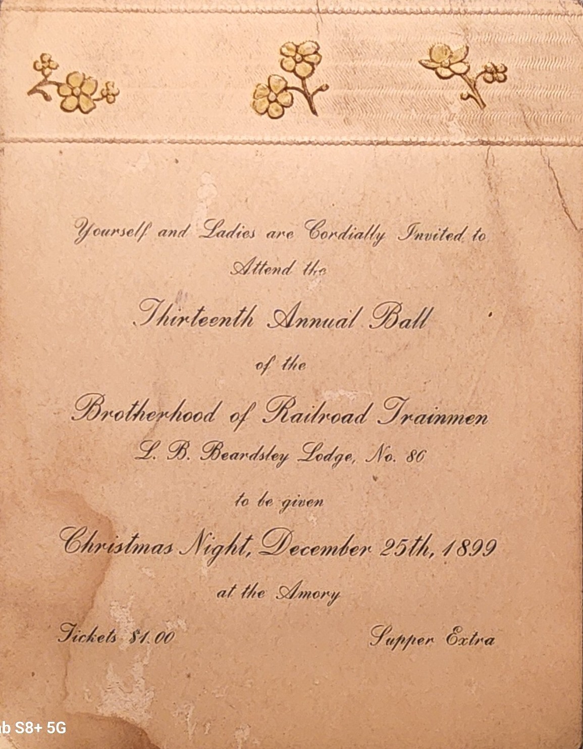 1899 Official Ball Invitation ~ Brotherhood Of Railroad Trainmen ~ #-3584