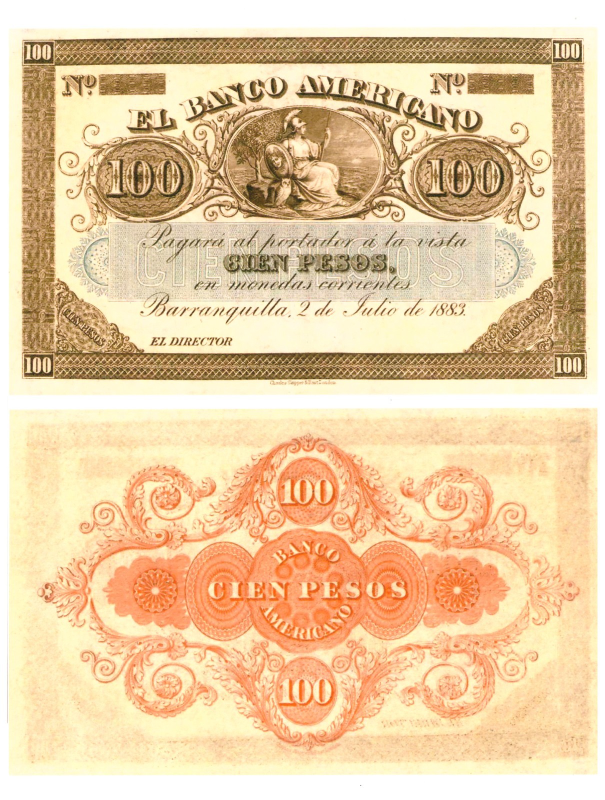 u Reproduction Note Colombia Banco AMERICANO 100 Pesos 1883    1042R