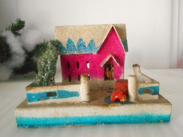 Vintage Pre WWII Putz House w Loofah Tree, Composition Car