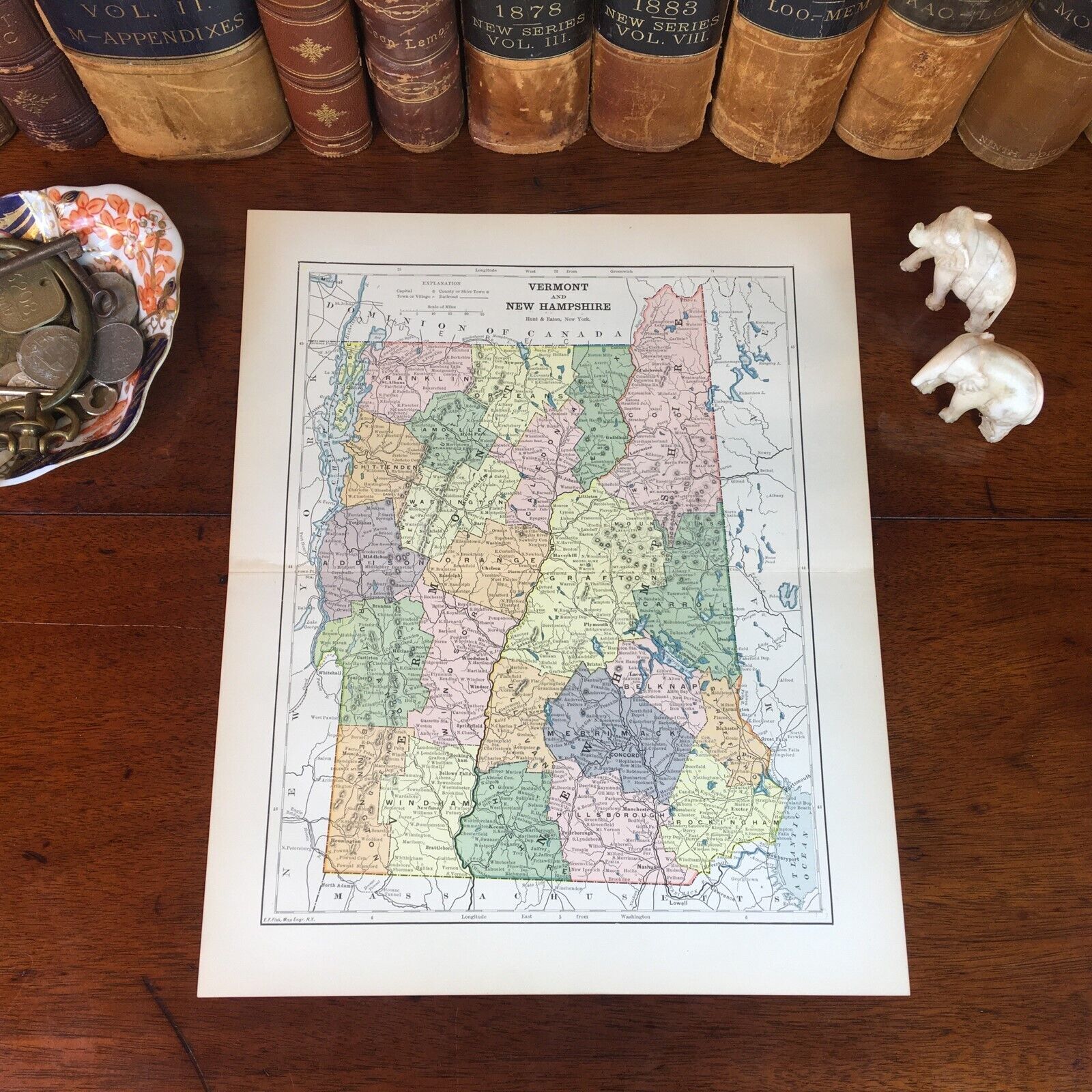 Original 1890 Antique Map VERMONT NEW HAMPSHIRE Winooski Barre Manchester Nashua