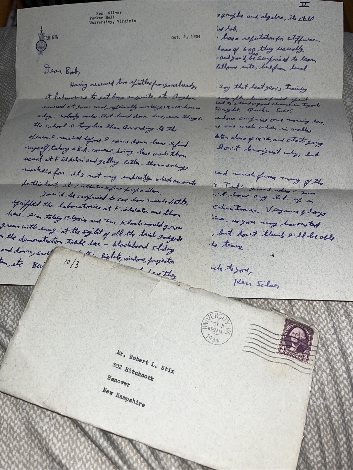 1934 Letter UVA University of Virginia Stationary on Fieldston School NYC Prep
