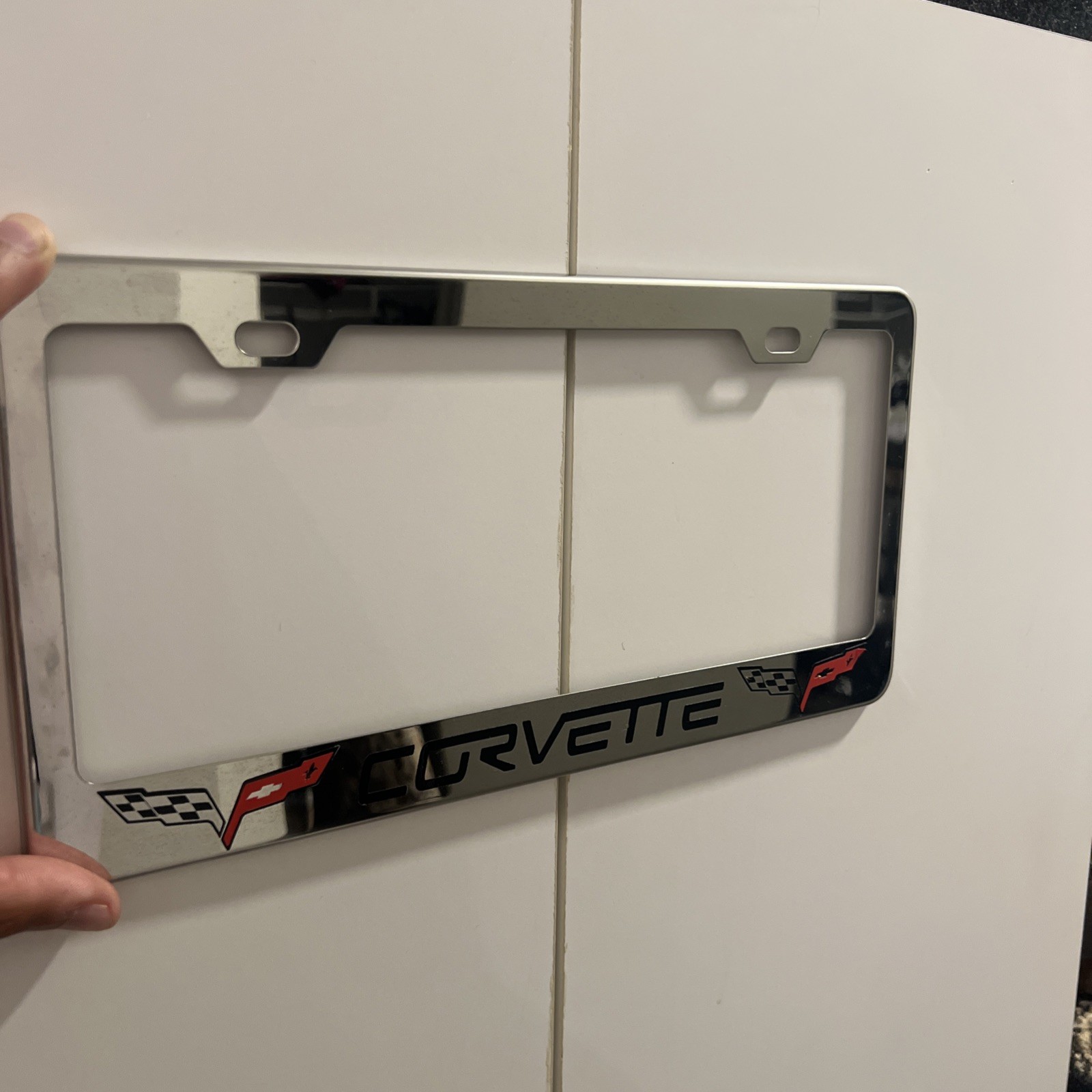 Corvette Metal Chrome Finish License Plate Frame Flags Logo Brass VTG C5