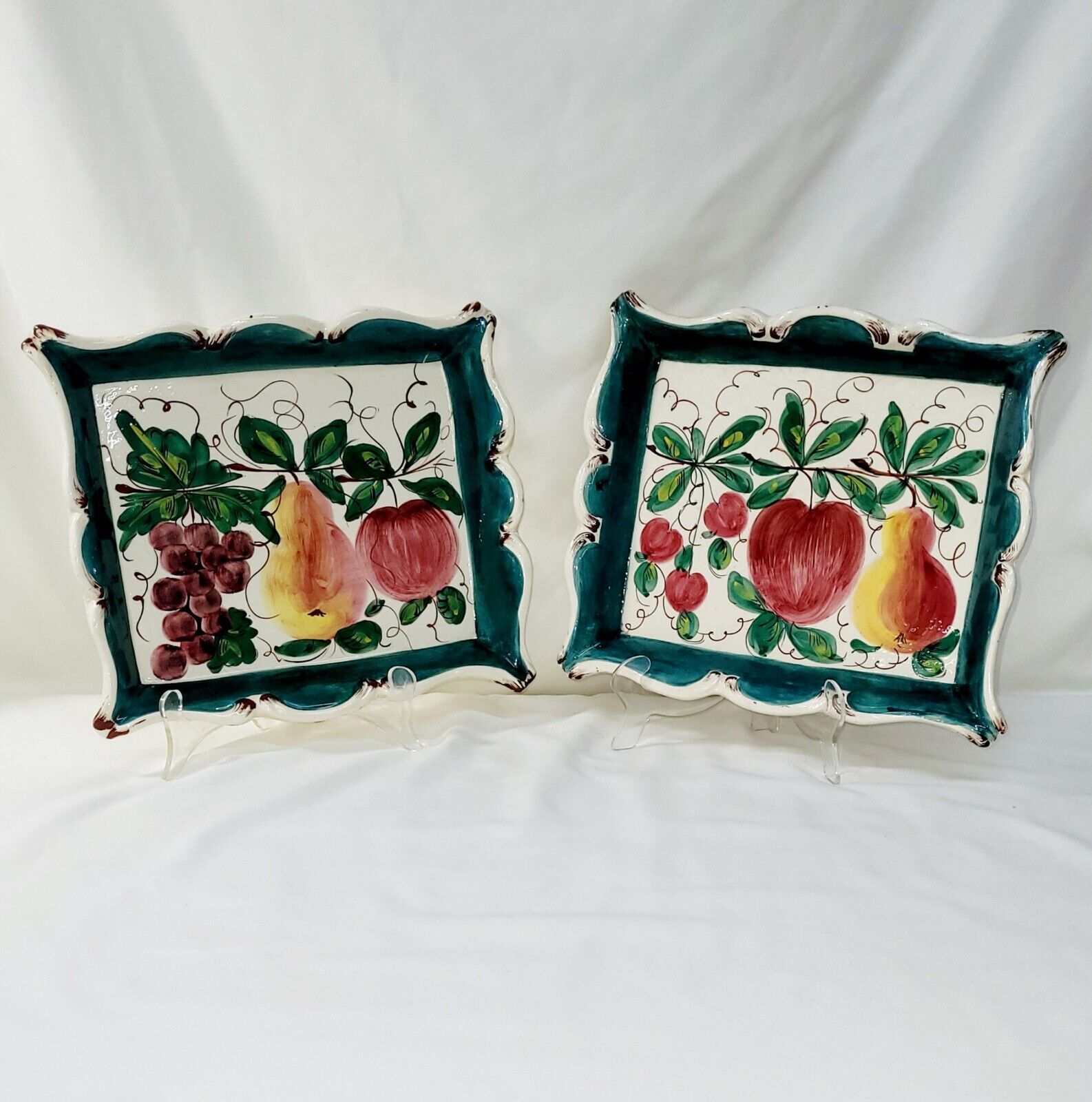 Set Of 2 Signed WCG Italy Ceramic Hand Painted Wall Art Decor With Fruit Design 