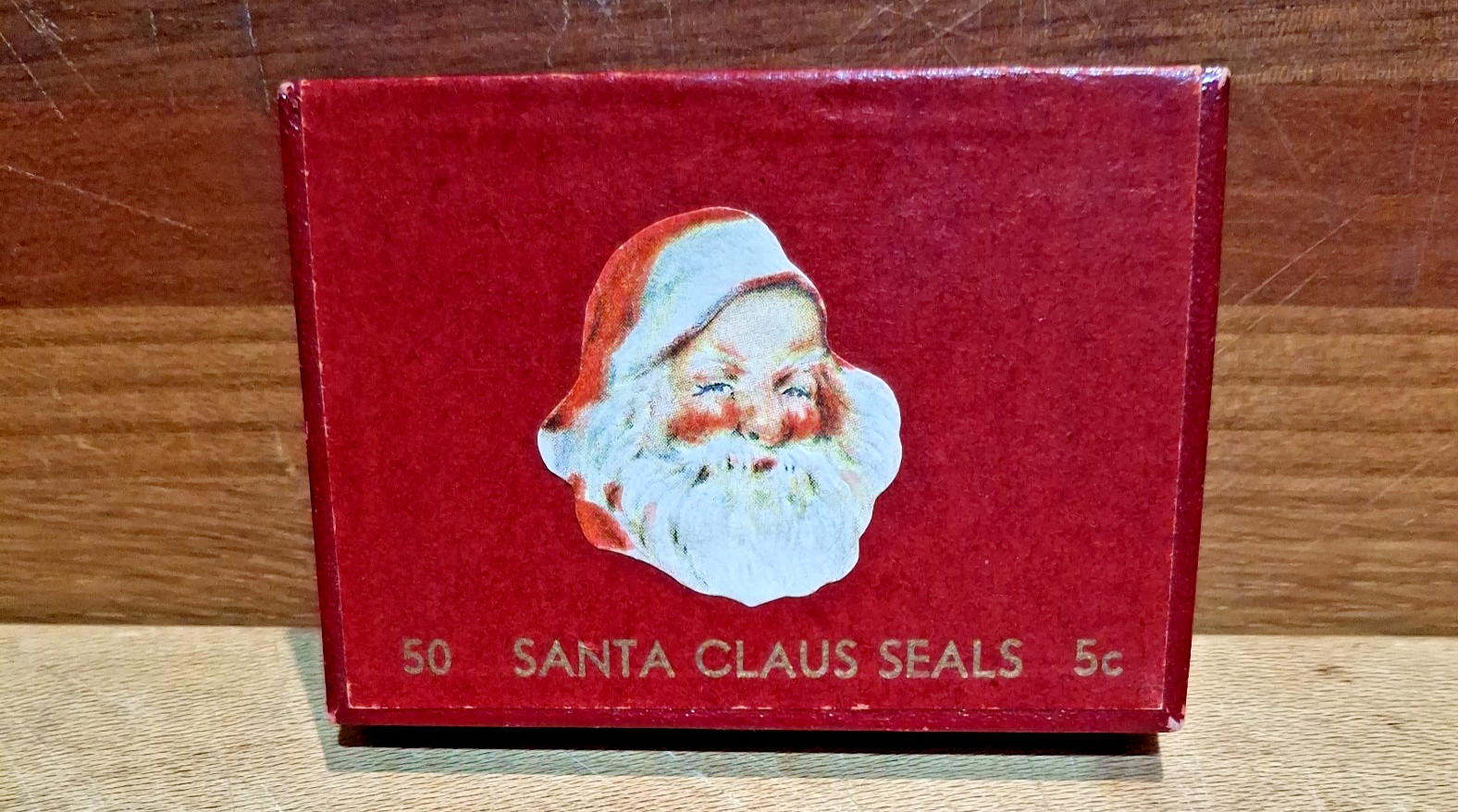 Vintage Original Santa Claus Seals 5c Box Red with sample of Santa Seal on top Vintage Original Santa Claus Seals 5c Box Red with sample of Santa Seal on top