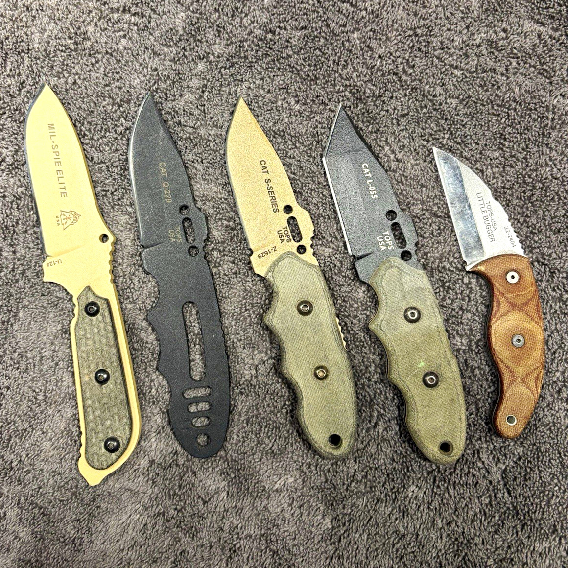 TOPS Knives Fixed Blade Knife Lot CAT Mil-Spie Elite Lil Bugger USA Micarta 1095