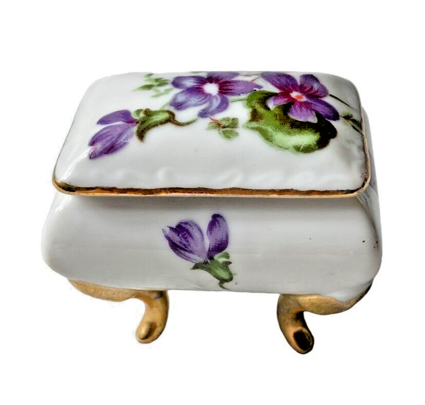 Trinket Box Vintage Porcelain Floral Gold Trimmed Footed  Removeable Lid 1282