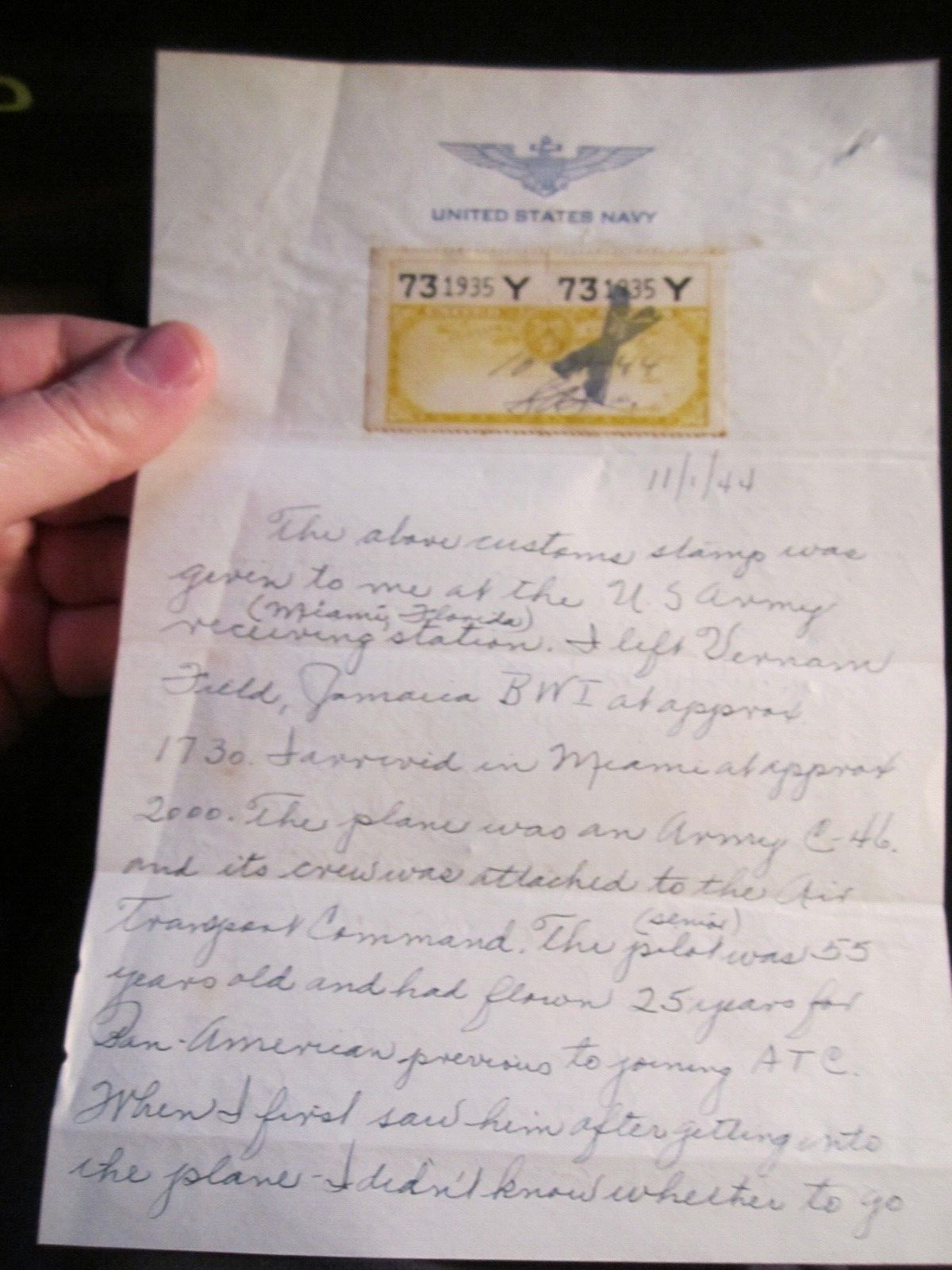 1944 UNITED STATES NAVY LETTER WITH CUSTOM\'S SERVICE STAMP -  BBA50