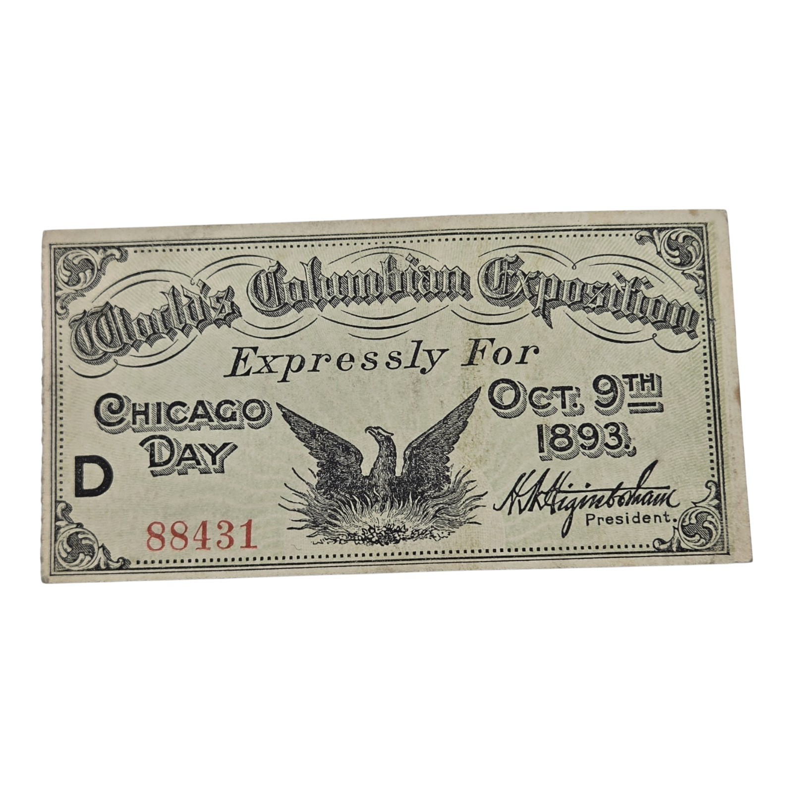 1893 World\'s Columbian Exposition Chicago IL - Chicago Day Ticket 