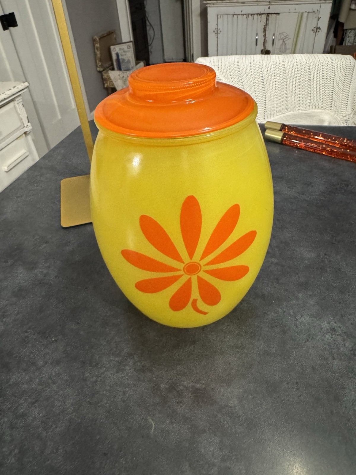 Vtg MCM Bartlett Collins Bright Yellow With Orange Daisy Glass Cookie Jar