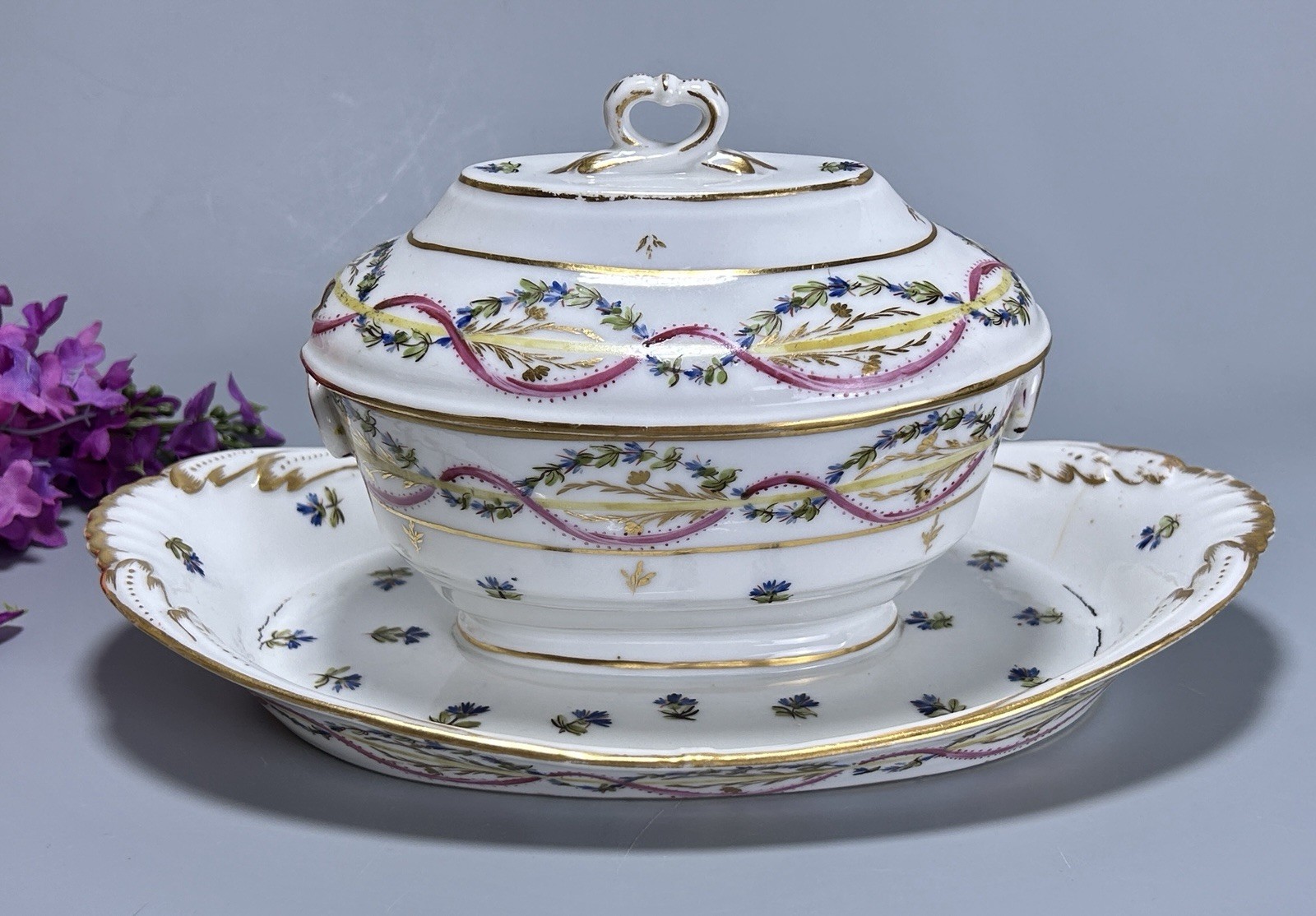 18thC Vieux Paris Porcelain Sauce Tureen 10.5” Sevres Style Garlands France