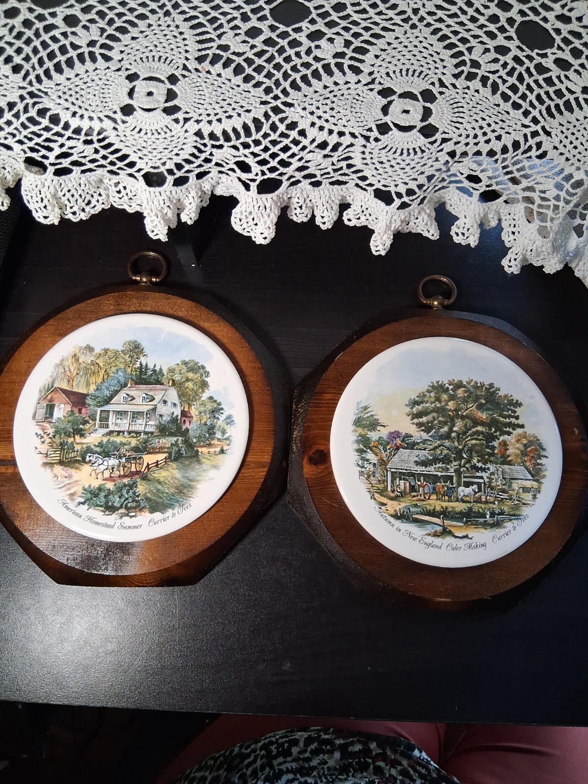 Currier & Ives wall plaques feature decorative ceramic tiles set into dark wood