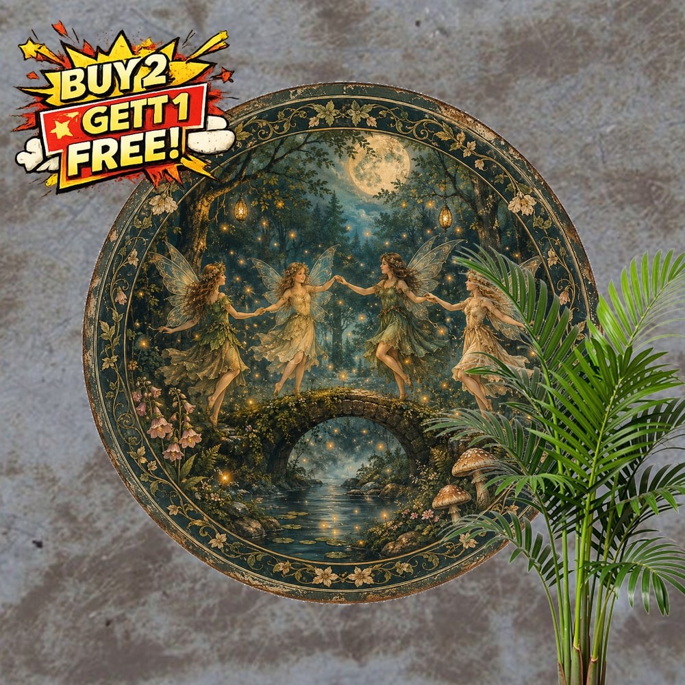 Fairy Firefly Forest Round Sign Glowing Dreamy Fantasy Scene Metal Tin Plaque
