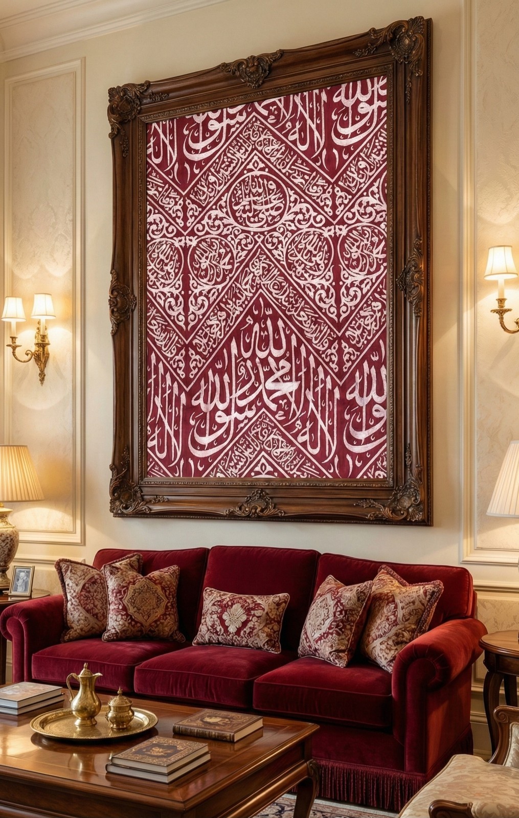 Unique Islamic Gift with Arabic Design – Red Prophetic Chamber Inspired Fabric 