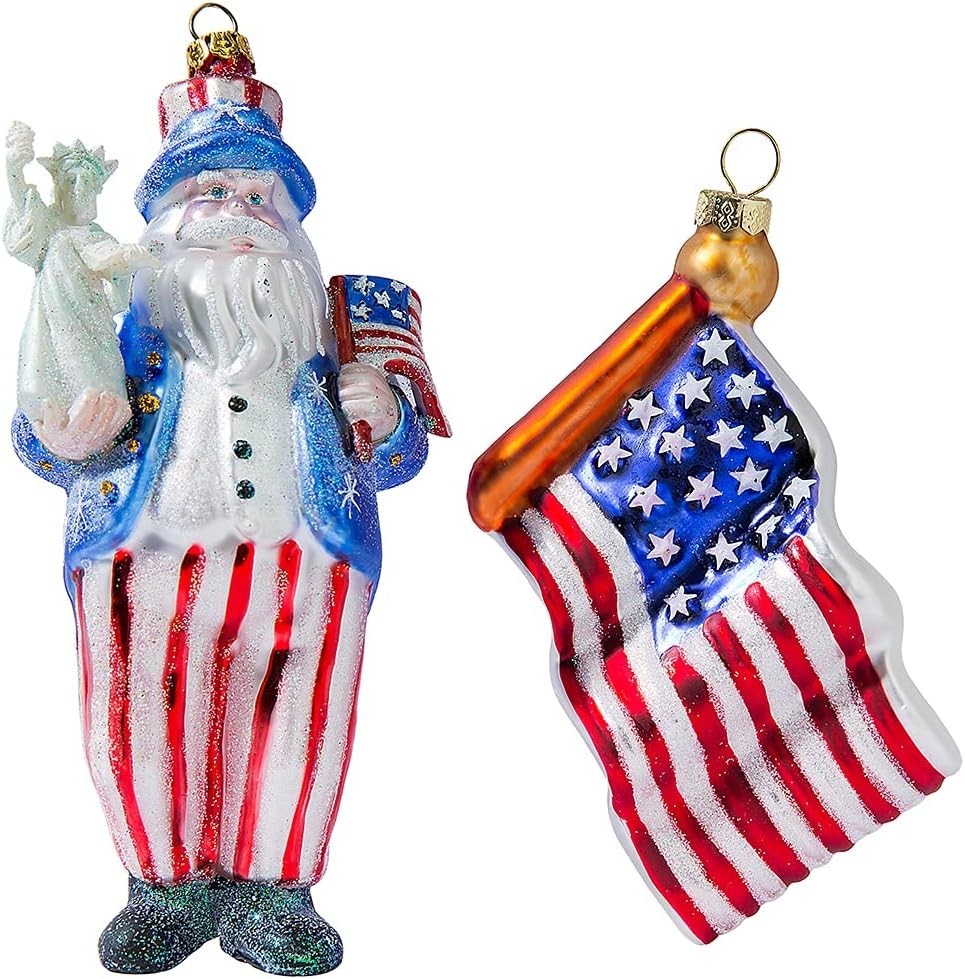 Blown Glass American Flag Ornament and Patriotic Santa Christmas Ornaments for C
