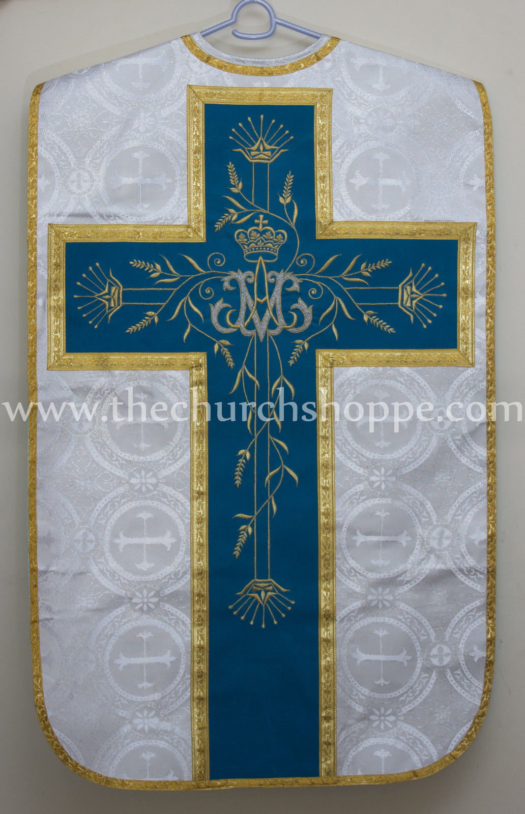 Marian Blue With Silver Brocade Marian Chasuble Vestment Fiddleback and mass set