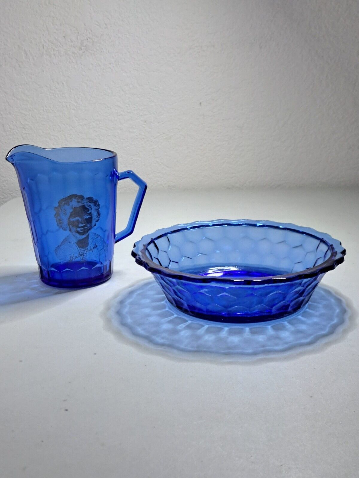 Vintage Shirley Temple Blue Glass Bowl & Pitcher Set