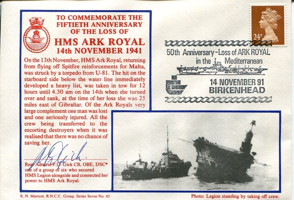 Admiral Percy Gick DSC WWII War HMS Legion Ark Royal Sinking Signed Autograph
