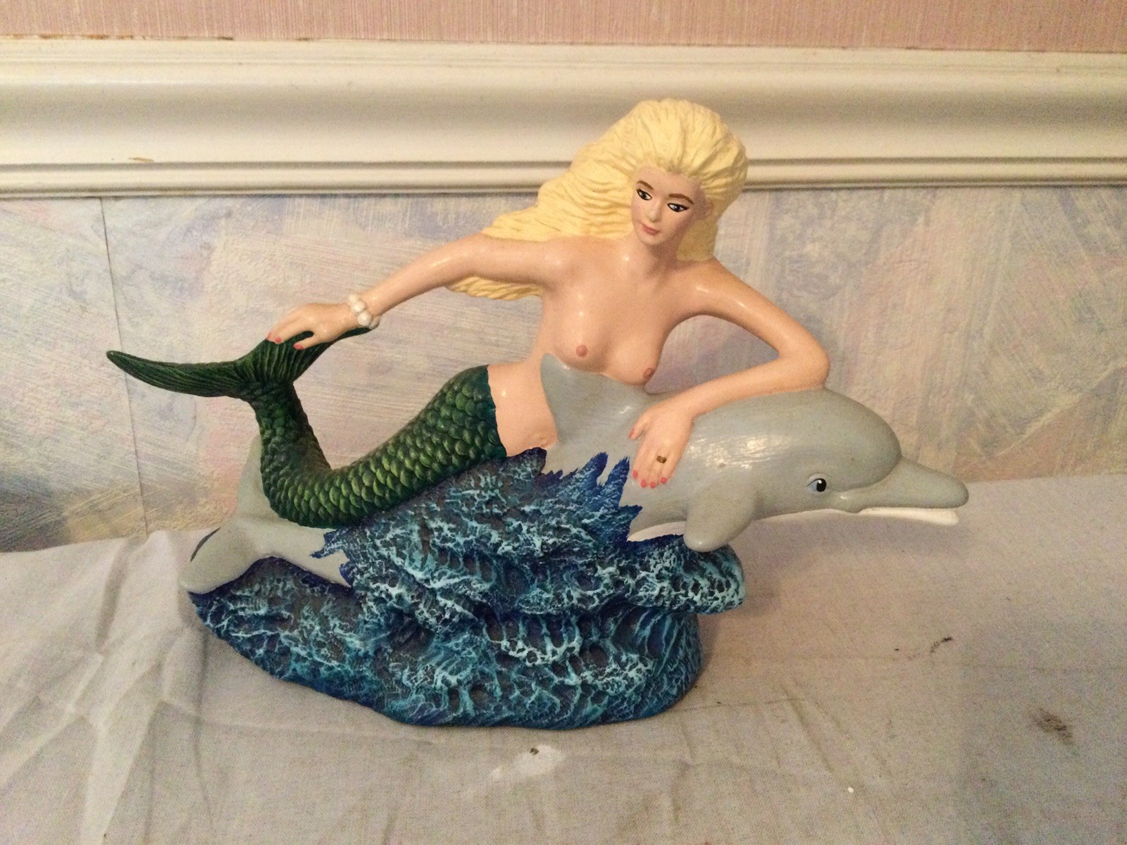 Vintage Mermaid Blue Ocean Grey Dolphins 10 Inch Resin Figurine