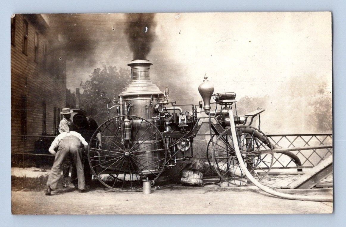 RPPC 1907. ALBION, MICH. TESTING SILSBY ROTARY. BRASS FIRE ENGINE. POSTCARD DB44