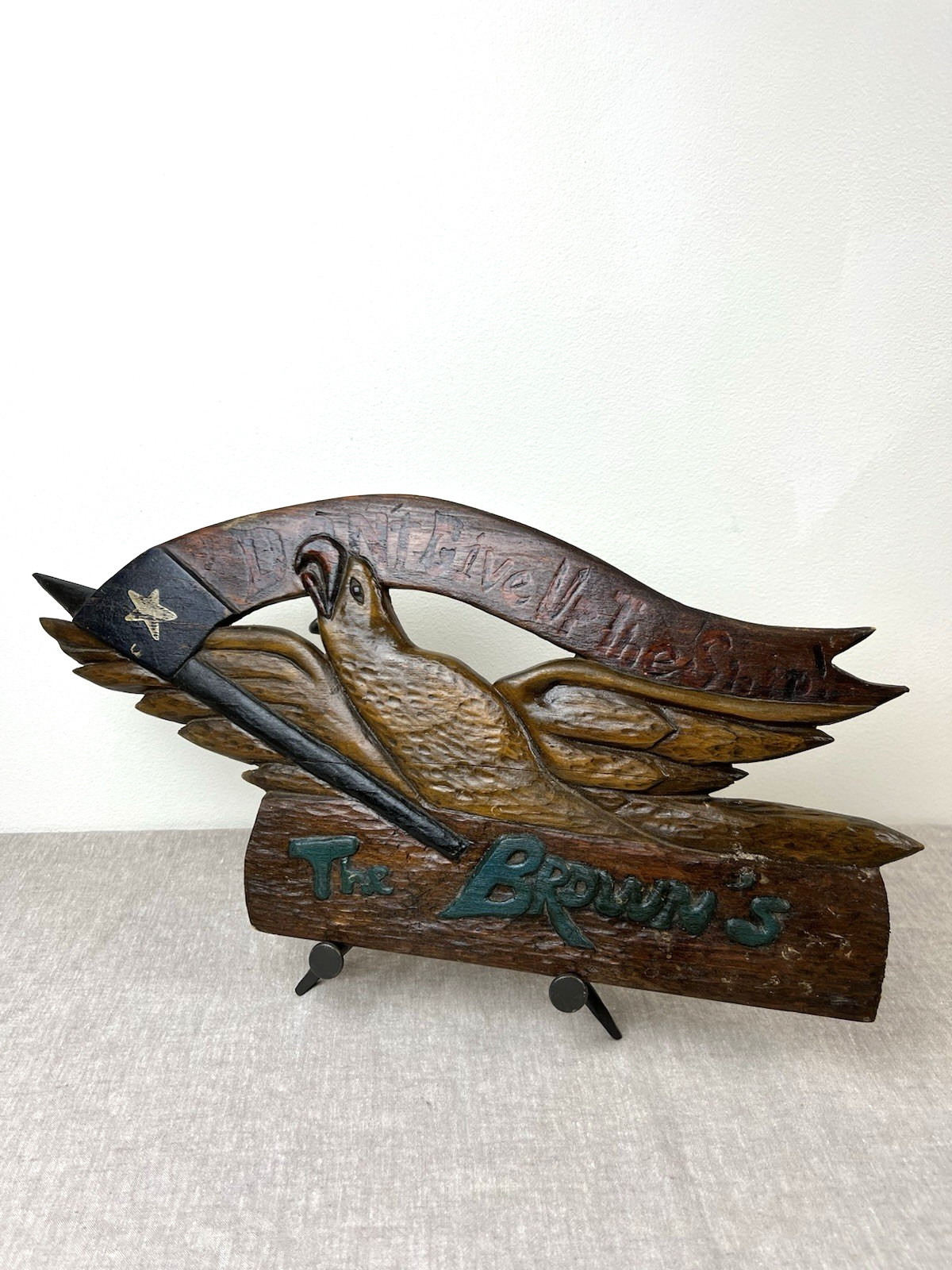 Vtg Carved Folk Art Wood Eagle Plaque Sign Don't Give Up Ship 21