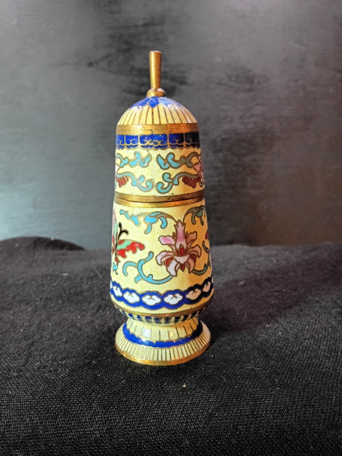Vintage Chinese Cloisonné Enamel Toothpick Holder Lidded Miniature Jar Butterfly