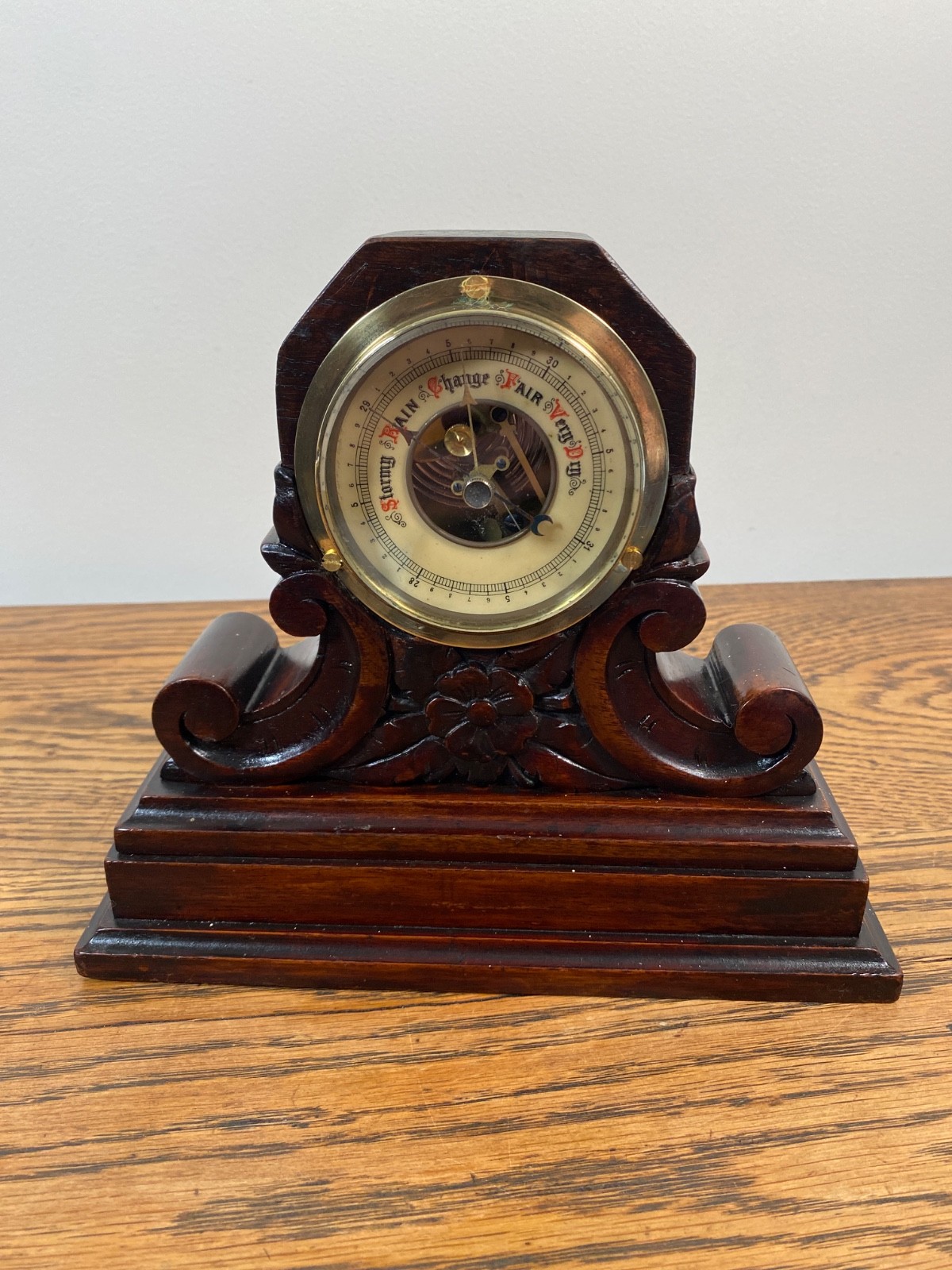 ANTIQUE UNUSUAL ORNATE WOODEN MOUNTED MANTEL SKELETON ANEROID BAROMETER