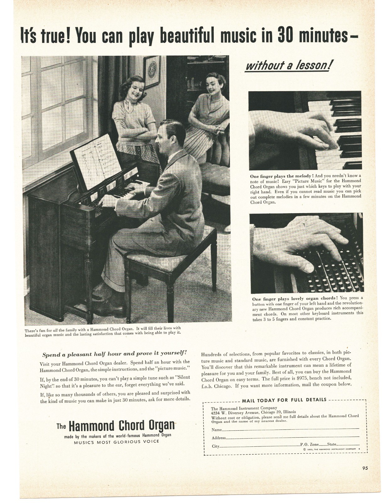1953 Hammond Chord Organ Vintage Print Ad Music Lessons 50s Family Home Decor