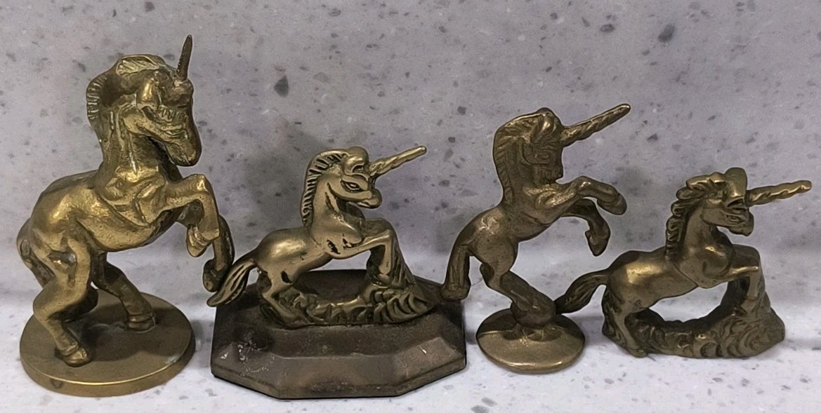 Vintage Solid Brass Unicorn Figurines Miniature Statue Lot of 4 Decor Fantasy 