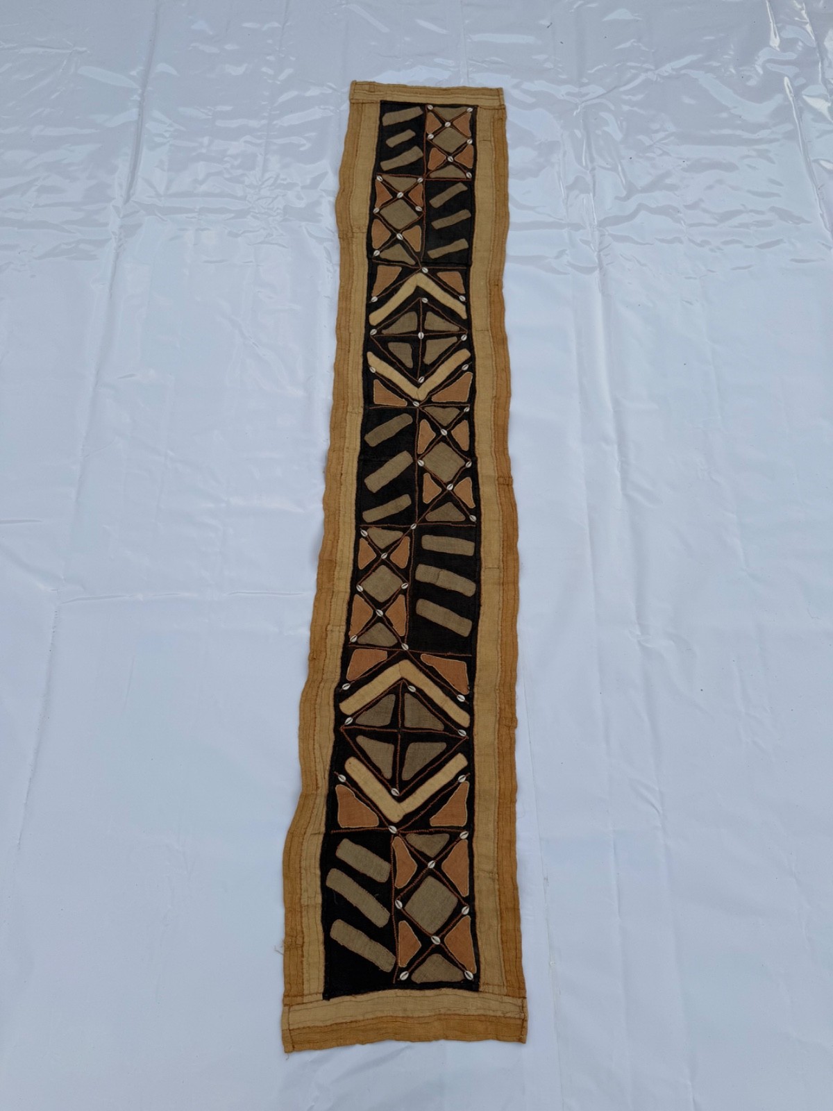 Old Hand Woven African Kuba Raffia Congo Textile Cloth Runner 233x43 Cm