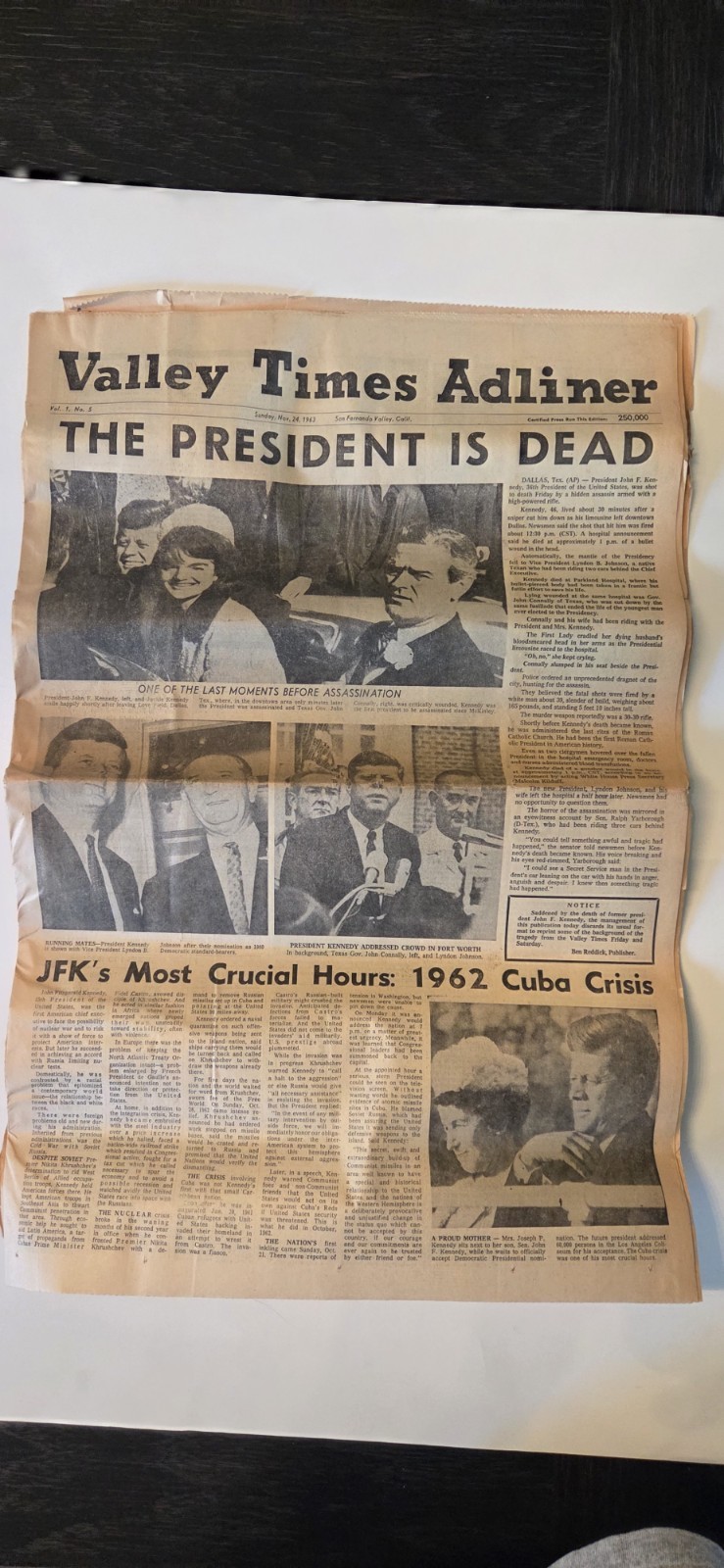 Valley Times Adliner, Newspaper, The President Is Dead, November 24th 1963, Vtg