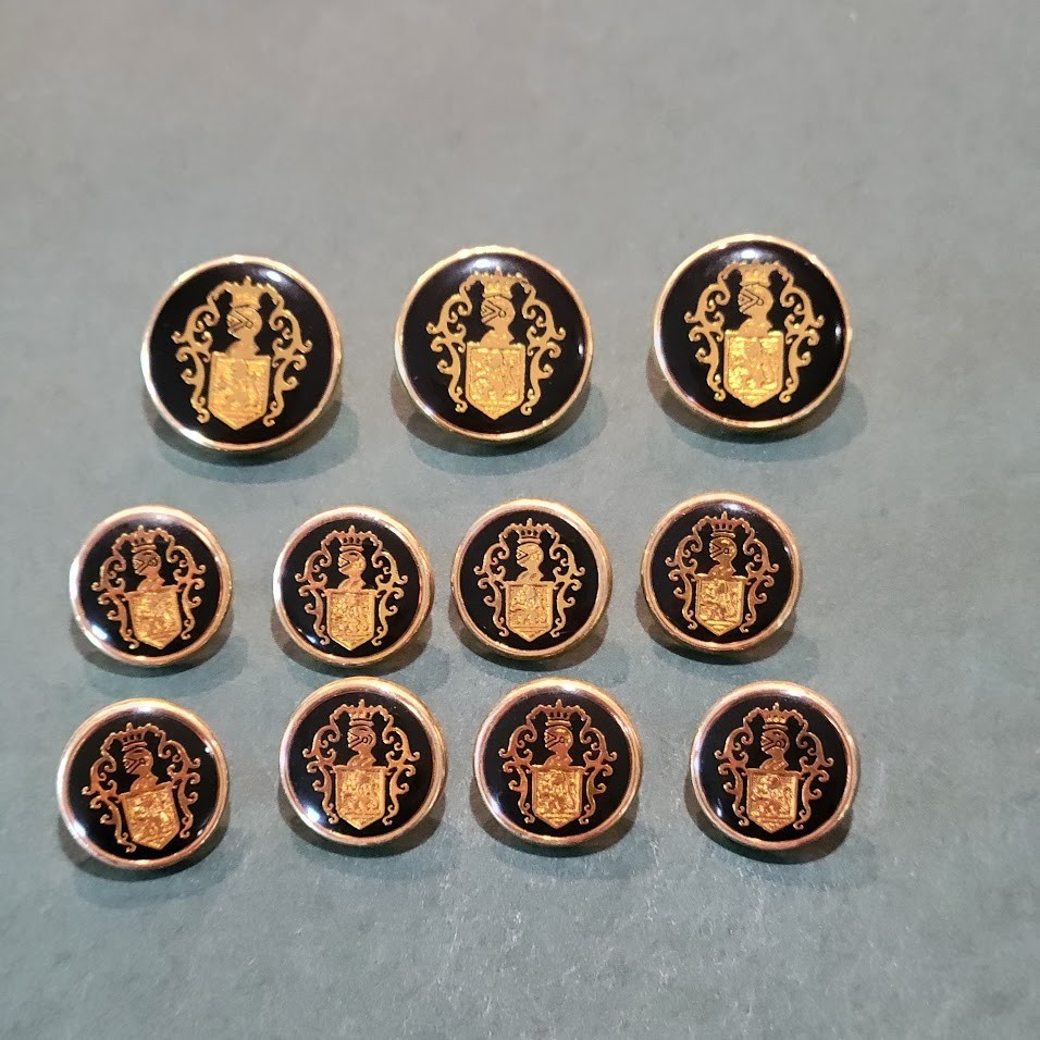 Vintage Heraldic Crest 11-piece Button Set Black Enamel Gold Lion Shield Crown